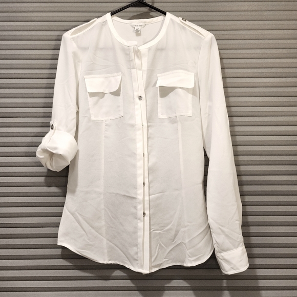 Calvin Klein Tops - Calvin Klein button down collarless blouse with roll-up sleeves, size S/P